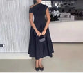 Solid Slimming Temperament Dresses for Women Diagonal Neck Short Sleeves Patchwork Ruffles Fold Dress Female New