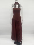 Irregular Slit Vacation Long Dress For Women Elegant Contrast Slim Ribbon Dress Back Lace Up Female Strapless Summer New