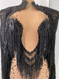 Sexy Mesh See Through Rhinestones Two Pieces Dress Coat Sets Women Sparkly Tassels Performance Singer Dancer Stage Costume