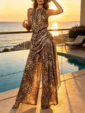 Leopard Print Two Piece Set for Women Halter Neck Sleeveless Keyhole Front Top Wide Leg Pants Draped Waist for Casual Daily
