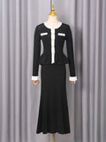 Hit Color Two Piece Set for Women O Neck Long Sleeve Patchwork Ruffles Hem Coat Long Skirt Office Lady Outfits Female New