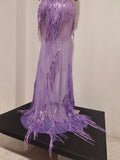 Sexy Sparkly Purple Diamond Tassel Strapless Mesh See Through Long Dress Birthday Evening Party Nightclub Bar DJ Show Stage Wear