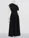 Solid Slimming Temperament Dresses for Women Diagonal Neck Short Sleeves Patchwork Ruffles Fold Dress Female New