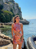 Women Orange Sequin Mini Dress Starfish Fish Applique Sheer Backless Halter Mesh Short Dress Lady Beach Party Vacation Vestidos