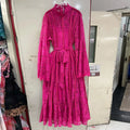 Elegant Vintage Green Lace Midi Dress for Women High Neck Sheert Flare Sleeve Belted Waist Desgin for Luxury Dinners Party