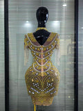 Gold Full Diamond Tassel Short sleeved Dress Wrapped Hip Short Skirt Female Model Singer Fashion Performance Dress