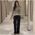 Spliced Lace Hem Jacket Elegant Long Sleeve V-neck Waisted Contrast Lace Bottom Design Casual Coat Autumn Fashion Retro Jackets