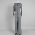 White Ribbed Knit Two Piece Set for Women Slim Button Accent Cardiagns Low Waist Loose Pant Suit for Casual Outings