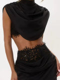 Solid Matching Outfits for Women Mock Neck Sleeveless Hem Top High Waist Ruched Skirt for Holiday French Date New