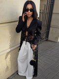 Jacquard Patchwork Long Coat Women Autumn Trend Elegant Irregular Hem Full Sleeve Bandages Dell V-Neck Chic Streewear