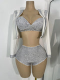 Women's Rhinestones Top Shorts Sets Nightclub Show Three Pieces Outfit Nightclub Performance Singer Dance Costume Stage Wear