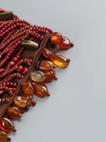 Women Brown Beaded Corset Design Maxi Dress V Neck Long Sleeves Waist Cinching Slim Dresses Fashion Evening Party Gowns