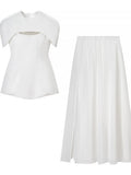 Solid Three Piece Set for Women Square Collar Sleeveless Top with Shawl Sheer Mesh Long Skirt Sexy Outfit Female