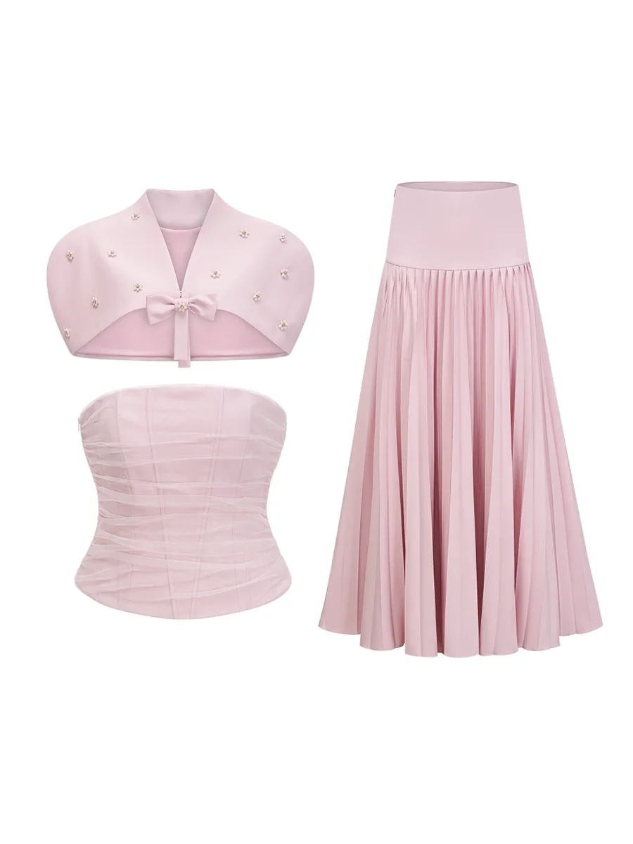 Chic Pink 3 Piece Set for Women Beaded Bow Cape Sleeve Strapless Corset Top High Waist Pleated Floor Length Skirt for Party