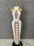 White Halter Neck Maxi Dress Women Sexy Sheer Nude Mesh 3D Floral Applique Form-Fitting Outfit Formal Event Party Costume