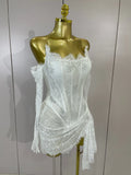 Women Sexy Strapless Backless Red Lace Split Mni Bodycon Dress With Gloves Celebrity Elegant Evening Club Birthday Party Outfit