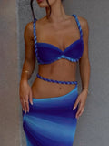 Bandage Ruched 2 Piece Set Women Square Collar Bra+Skinny Long Skirts 2025 Summer Vacation Beach Party Trend Suits