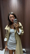 Lapel Collar Loose Mid Length Trench Coat Long Sleeve Single-breasted Striped Lining Coats Women Autumn Casual Commute Wear New