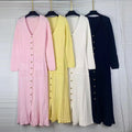 Black Casual Knit Midi Dresses For Women V Neck Gold signle Buttons Accent Textured Fabric Pleated Skirt For Office Commute