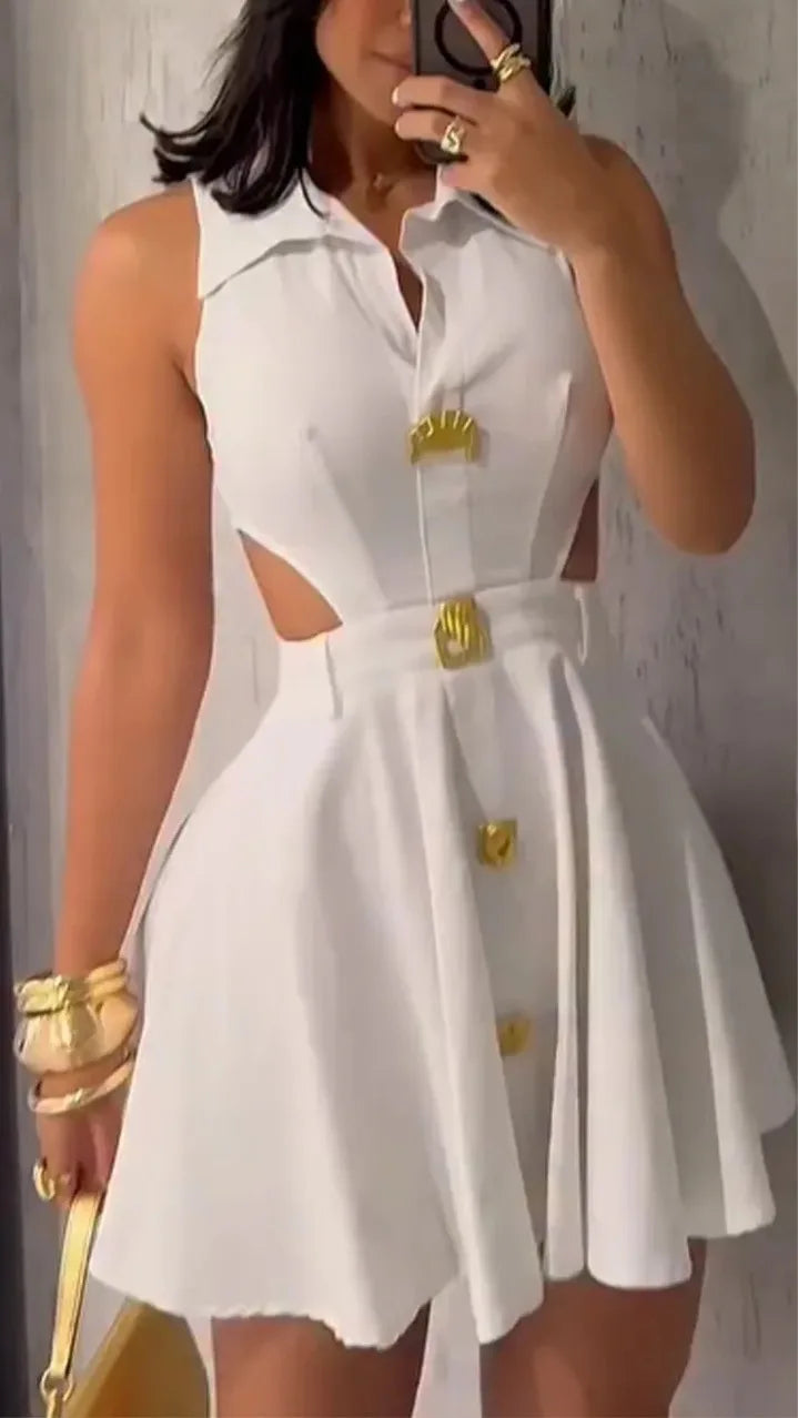 Women Stylish Short Skirts Metal Buckle Buttoned Formal Outwear Ladies Hollowed-out Lapel Shirt Party Evening A-Line Dress