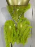 Sexy Celebrate Eveing Birthday Party Nightclub Red Carpet Stage Wear Sparkly Green Diamonds Mesh Asymmetric Bodycon Mini Dress