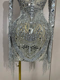 Luxury Birthday Sparkly Diamonds Sequin Tassels Long Sleeves Sheer Mini Dress Evening Party Sexy Mesh Nightclub Photo Shoot Wear