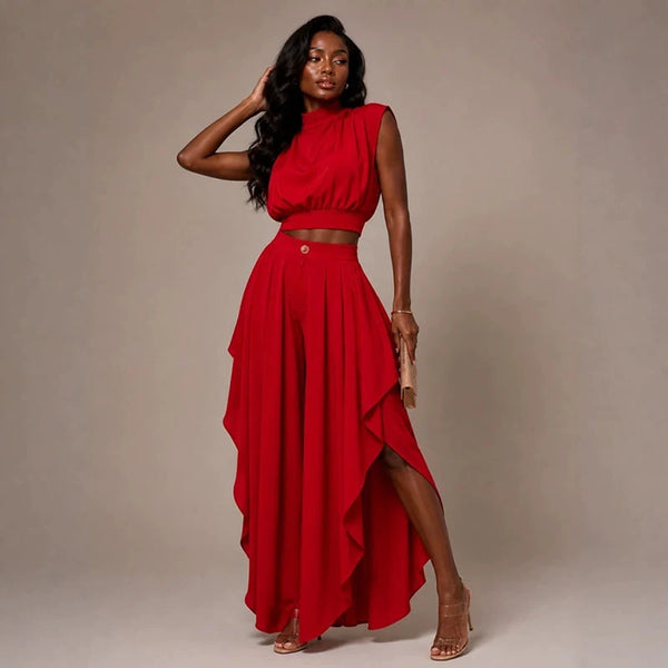 Elegant Crop Top Women's Pants Set High Neck Sleeveless Tops Irregular Ruffle Edge Wide Leg Pant 2026 Summer Lady Casual Suit