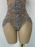 Sparkly Rhinestonnes Mesh Transparent Bodysuit Sexy Women Performance Nightclub Stage Outfit Luxury Festival Costume