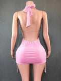 Sparkly Rhinestones Evening Prom Celebrate Birthday Dress Sexy Halter Backless Mesh Velvet Short Dress Performance Stage Wear