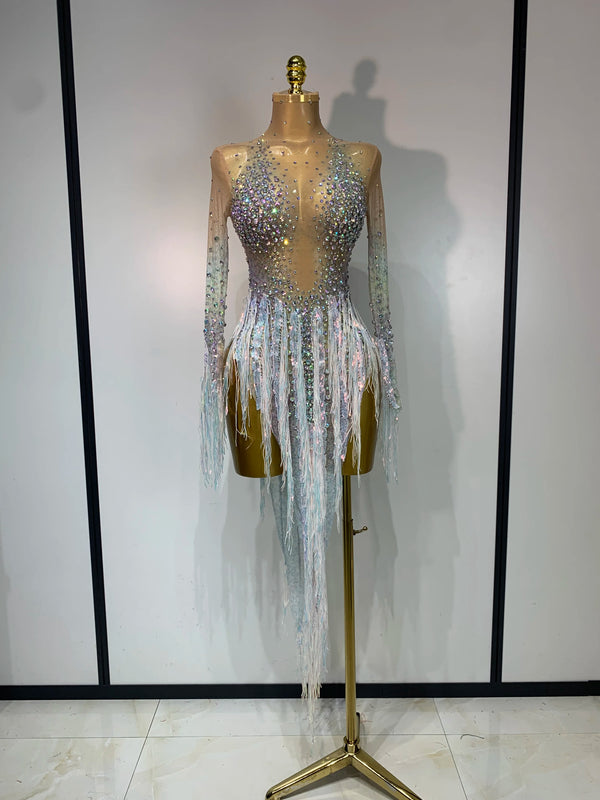 Sexy Mesh See Through Colorful Diamonds Sequins Dress Luxury Birthday Evening Party Costume Bar Club Stage Performance Outfit