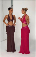 Women Metallic Trim 2 Piece Set Halter Deep V Cutout Crop Top High Waist Ruched Draped Mermaid Skirt Suit Lady Evening Outfit