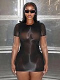 Wild See Through Dress Women Hottie Fashion Short Sleeve Stretch Skinny Coquette Midnight Street Party Club Bodycon