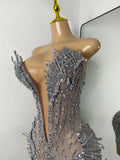 Sparkly Rhinestones Women Sexy Mesh See Through Short Sleeveless Party Nightclub Performance Costume Stage Wear