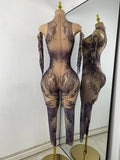 Sparkly Crystals Women Sexy with Sleeves Stretch Mesh See Through Jumpsuit Nightclub Stage Wear Performance Dance Costume