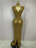 Luxury Sparkly Crystal Diamond Mesh See Through Maxi Long Dress Women Elegant Party Costume Singer Sexy Stage Performance Outfit