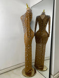 Sparkly Rhinestone Women Sexy Mesh See Through Floor Length Long Sleeve Birthday Dress Party Nightclub Stage Wear