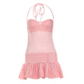 Sweet Sexy Patchwork Dress Women Bow Sleeveless Ruffled Ruffled Hem Elegant Stretch Skinny Vacation Party Clubwear