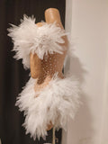 Elegant Off The Shoulder White Mesh See-Through Mini Dress Eveing Party Birthday Sexy Sparkly Rhinestone Nightclub Stage Costume