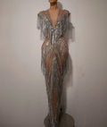 Women Sexy Mesh Sparkly Rhinestone Tassels Stretch Long Dress Evening Nightclub Singer Dance Stage Costume Luxury Birthday Gowns