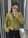 Women Crew Neck Knit Cardigan Single‑Breasted Metal Buttons Long Sleeve Cropped Sweater Coat Pockets Casual Knitwear Outerwear