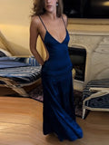 Satin V-Neck High-Slit Cami Maxi Dress Bodycon Backless 2026 Summer Fashion Elegant Women Gala Minimalist Evening Slip Gown