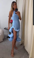 Elegant Women's Halter Ruffles Midi Dress Pleated Irregular Slit Dresses Evening Wedding Guest Pink Yellow Blue Party Prom 2026