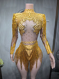 Sexy Skinny Leotard Singer Dancer Show StageWear Sparkly Blue Rhinestones Women DanceCostume Fringes One Shoulder Bodysuit  7G
