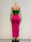 Fashion Strapless Green Feathers Bodycon Bandage Maxi Dress Off Shoulder Green Stripes  Evening Club Party Cocktail Birthday