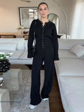 Women's Knitted Pants Two-piece Set Fashion Long Sleeve Single Breasted Sweater Wide-leg Pants Lady 2026 Spring Casual Outfits