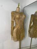 Sparkly Rhinestones Fringes Tight Bodysuit Women Sexy Mesh See Through Performance Stage Outfit Luxury Birthday Party Wear