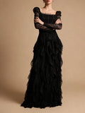 Wedding Guest Pink Square Collar Lace Maxi Dress for Women Corset Bodice Long Sleeve Tiered Ruffle Skirt for Luxury Dinner