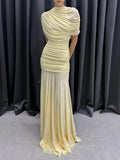 Luxury Galas Event Black Sheer Mesh Ruched Maxi Dress for Women O Neck Short Sleeves Bodycon Silhouette Skirt for Red Carpet