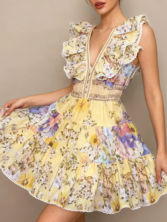 Floral Printing Tunic Ruffles Dresses for Women V Neck Flying Sleeve Patchwork Single Breasted Sexy Short Dress Female New
