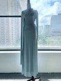 Women'S Metal Buckle Elegant Soft Dress Solid Spliced Folds Long Sleeved Slim Asymmetric Design Long Dress Female New
